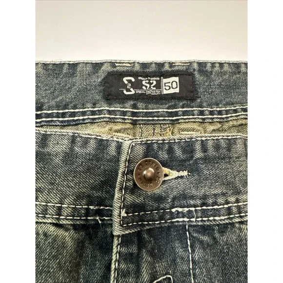 Y2K S2 Mens Wear Patch Embroidery Baggy Jeans  Hip Hop Vintage Blue Jeans 50x31 - Picture 7 of 14